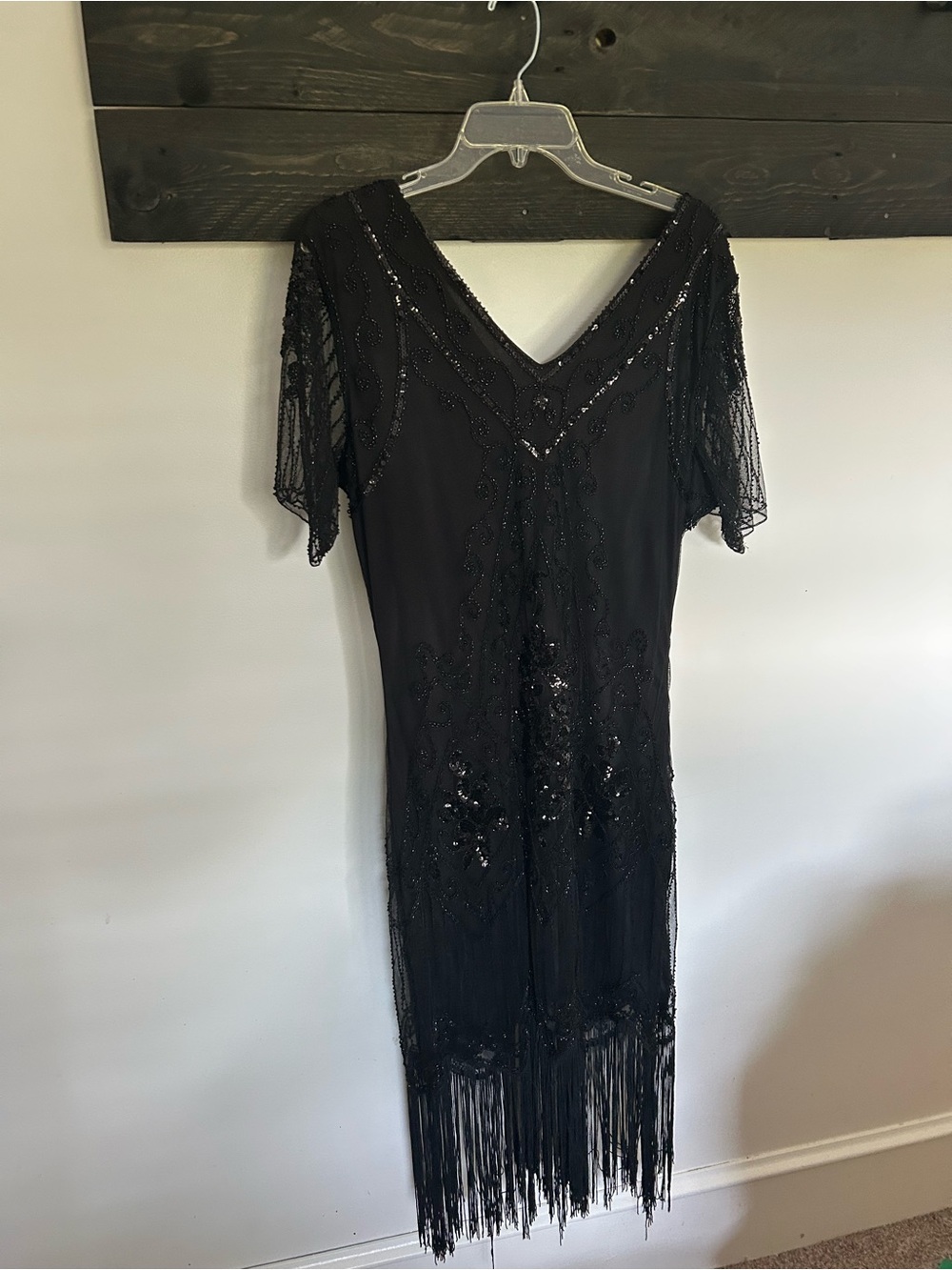 Black Beaded Fringe V-Neck Midi Dress
